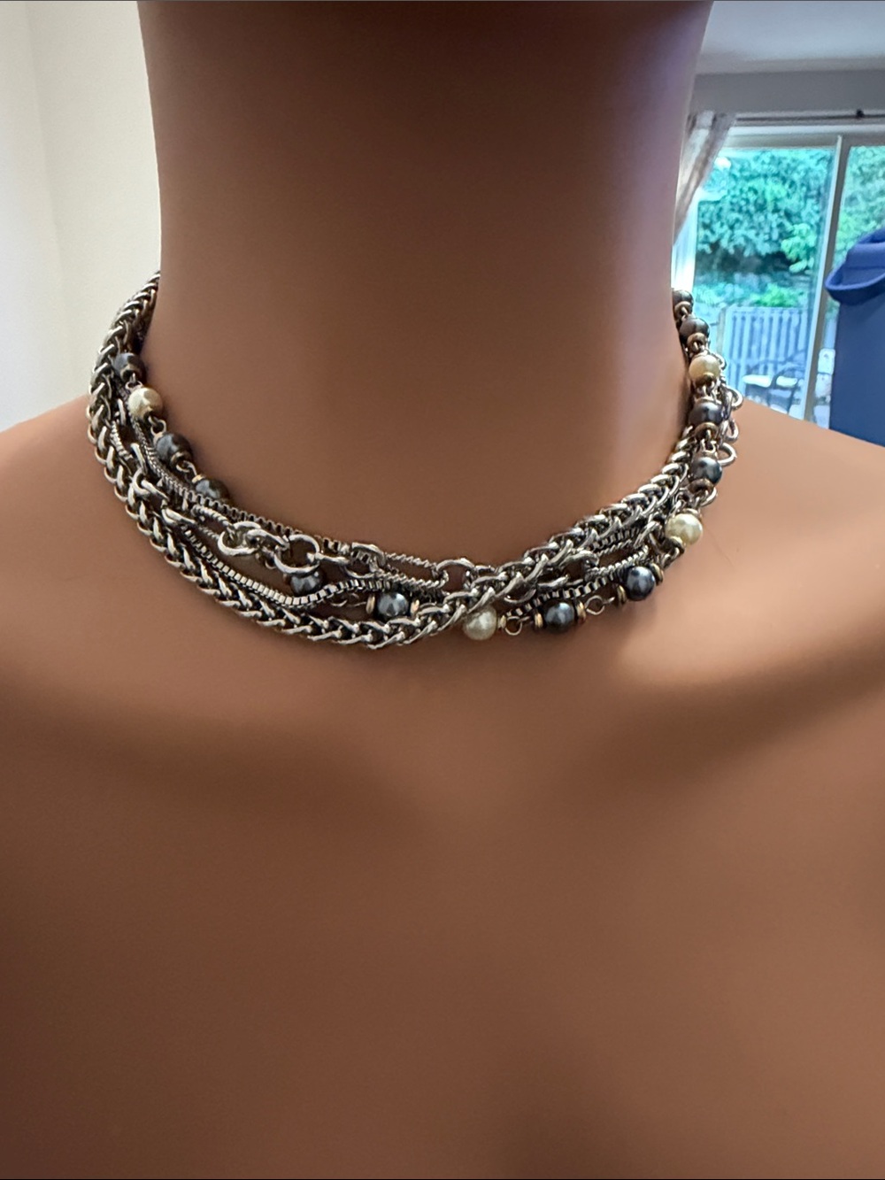 Source Unknown Multi-Chain Choker with Pearl Accents - Silver and Ivory